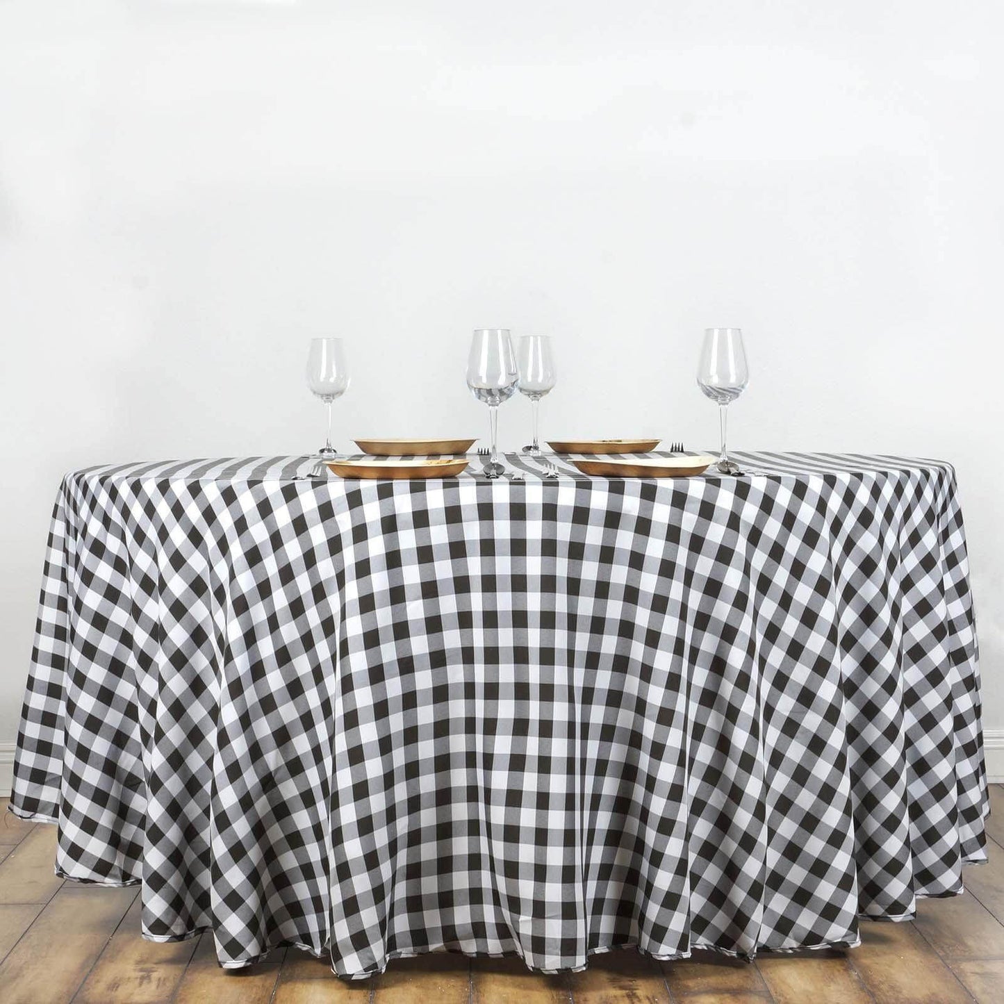 Polyester 120" Round Tablecloth White/Black Seamless - Checkered Buffalo Plaid Design for Stylish Celebrations - Linen Luxes