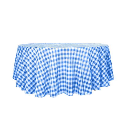 Polyester 120" Round Tablecloth White/Blue Seamless - Checkered Buffalo Plaid Table Cover - Linen Luxes
