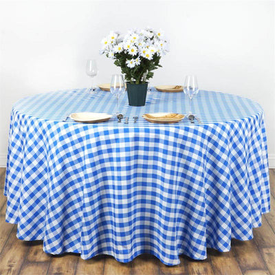 Polyester 120" Round Tablecloth White/Blue Seamless - Checkered Buffalo Plaid Table Cover - Linen Luxes