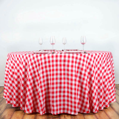Polyester 120" Round Tablecloth White/Red Seamless - Checkered Buffalo Plaid Table Cover - Linen Luxes