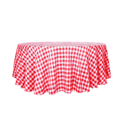 Polyester 120" Round Tablecloth White/Red Seamless - Checkered Buffalo Plaid Table Cover - Linen Luxes