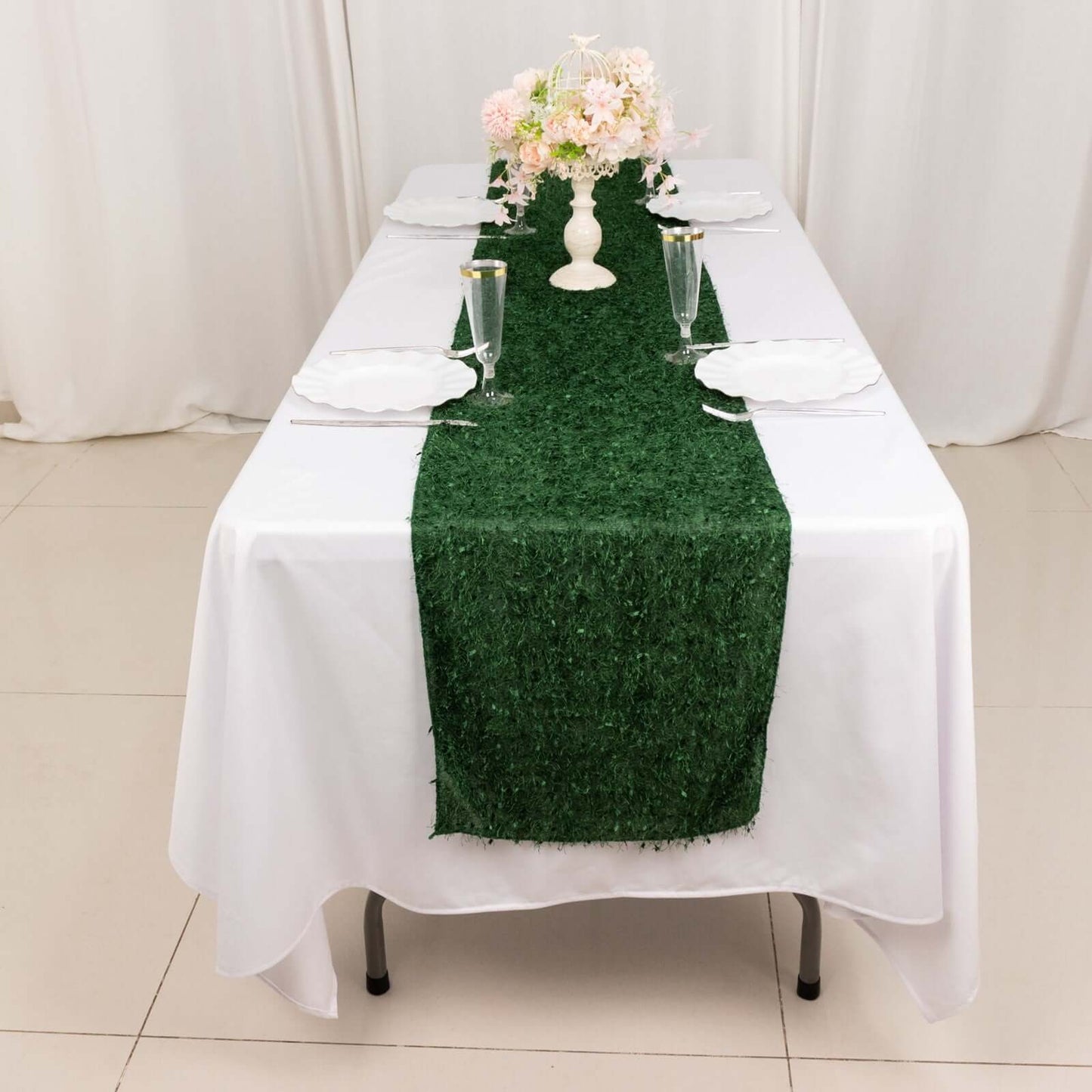Polyester 12"x108" Table Runner Green - Fringe Shag Table Decor
