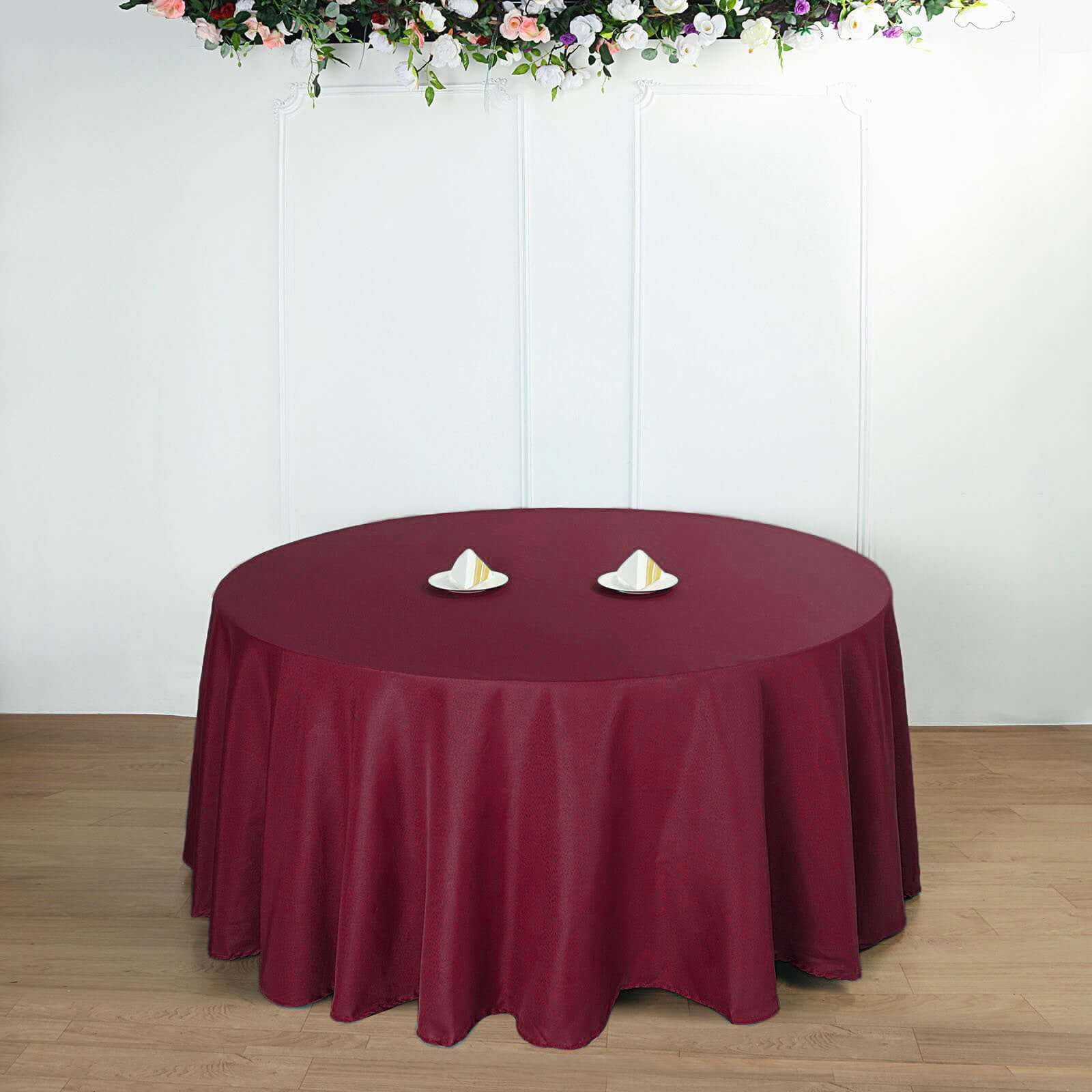 Polyester 132" Round Tablecloth Burgundy - Seamless Chic Design Table Cover - Linen Luxes
