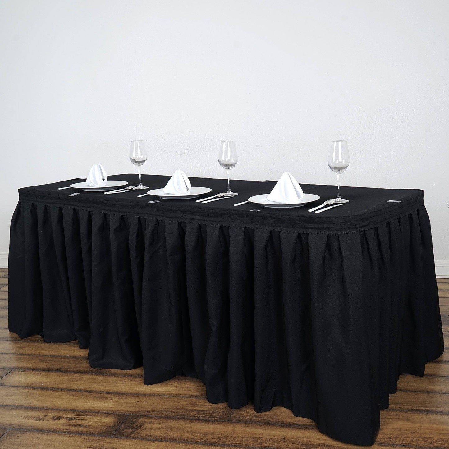 Polyester 14ft Table Skirt Black - Classic Pleated Design - Linen Luxes