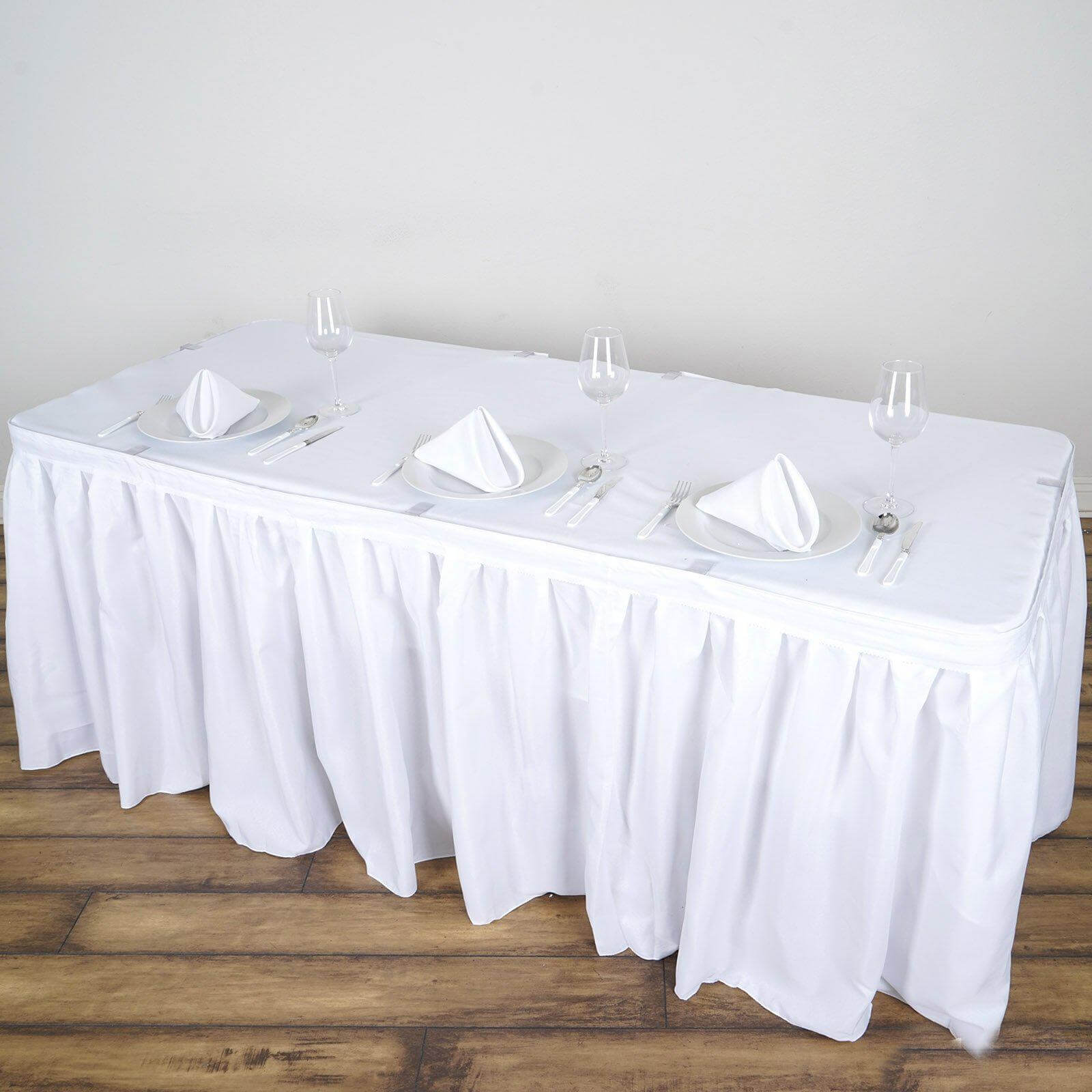 Polyester 14ft Table Skirt White - Classic Pleated Design for Weddings & Events - Linen Luxes