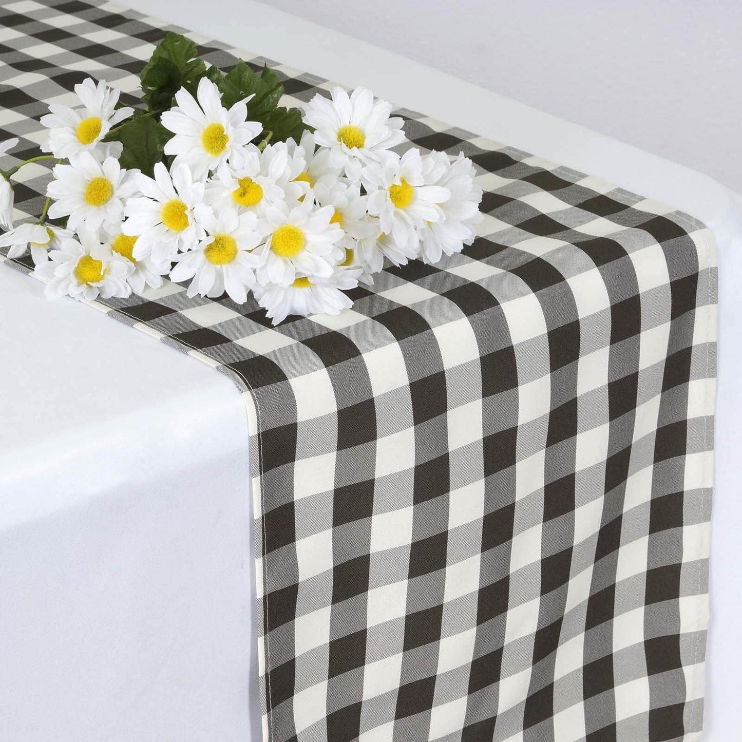 Polyester 14"x108" Table Runner Black/White - Gingham Plaid Design - Linen Luxes