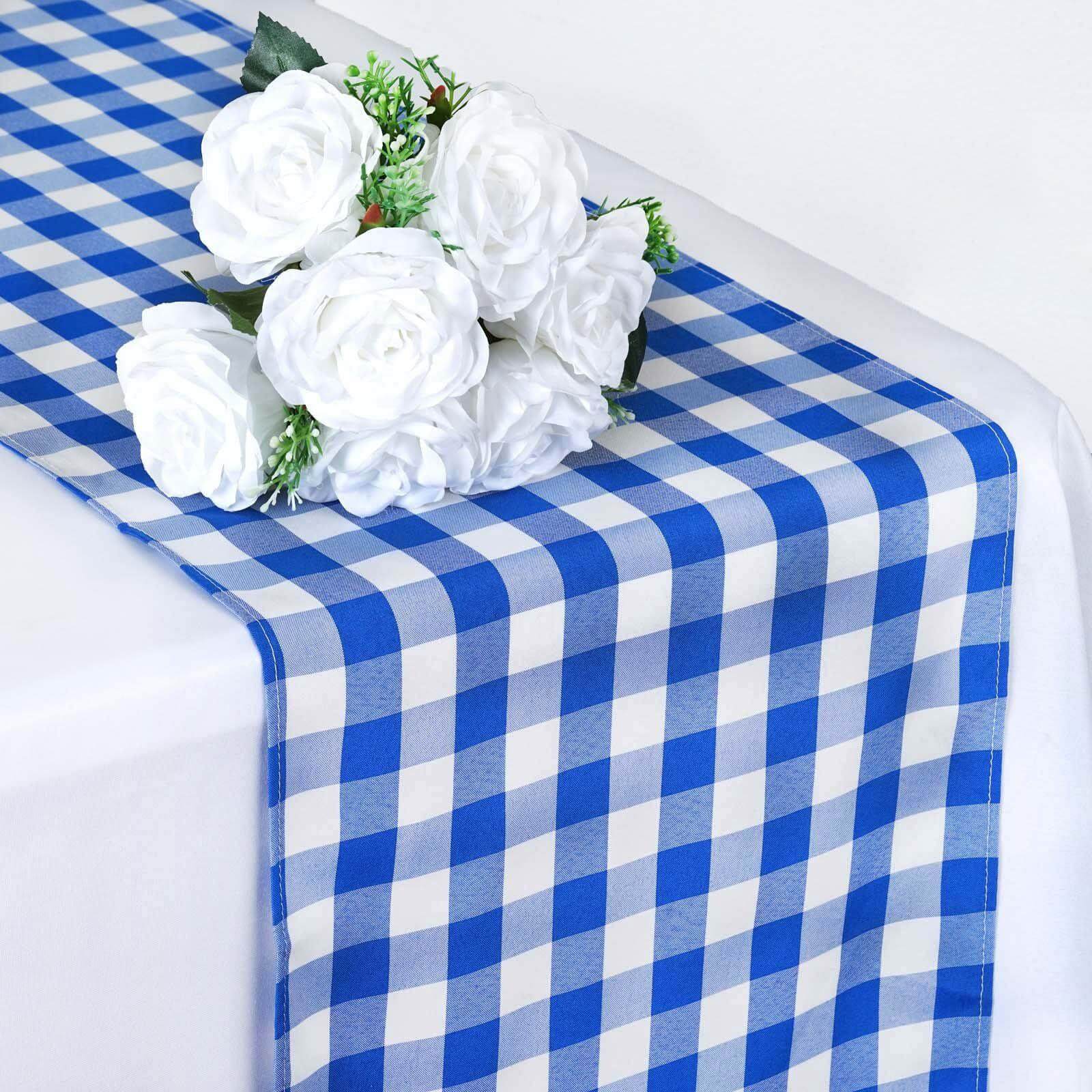 Polyester 14"x108" Table Runner Blue/White - Gingham Plaid Design - Linen Luxes