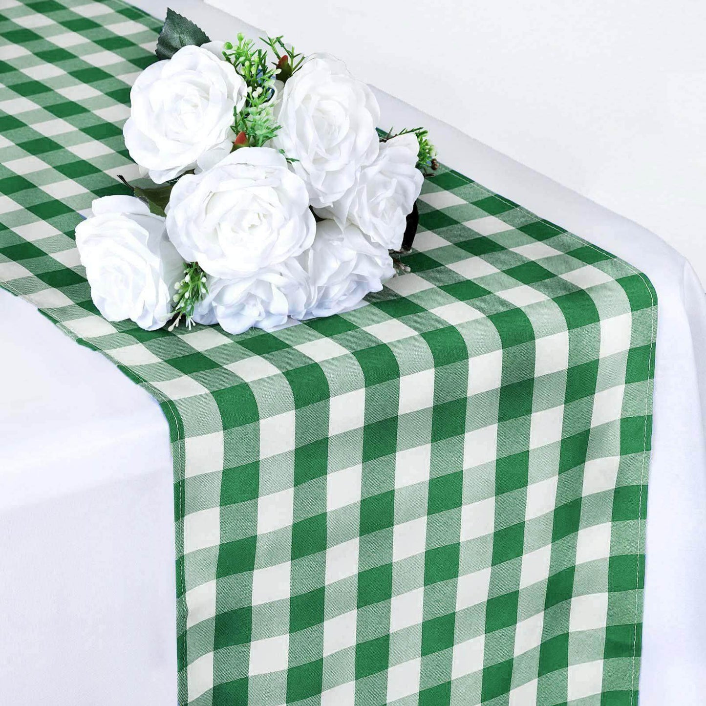 Polyester 14"x108" Table Runner Green/White - Gingham Plaid Design - Linen Luxes