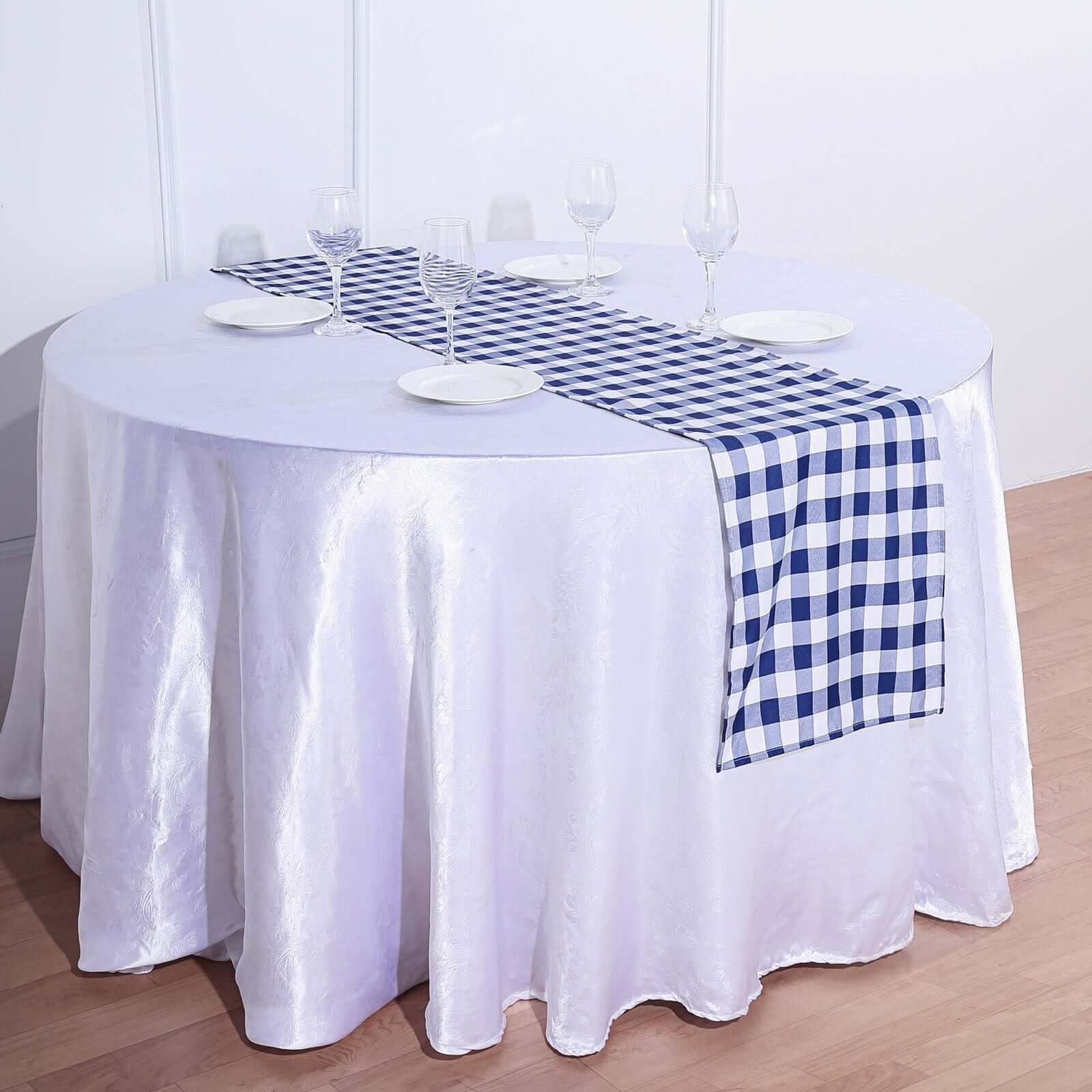 Polyester 14"x108" Table Runner Navy Blue/White - Gingham Plaid Design - Linen Luxes