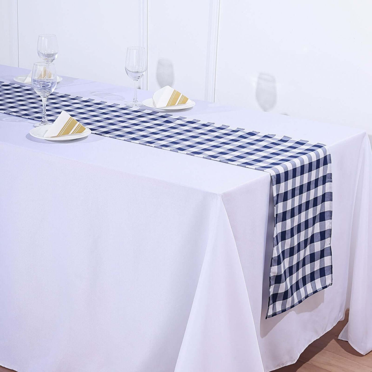 Polyester 14"x108" Table Runner Navy Blue/White - Gingham Plaid Design - Linen Luxes