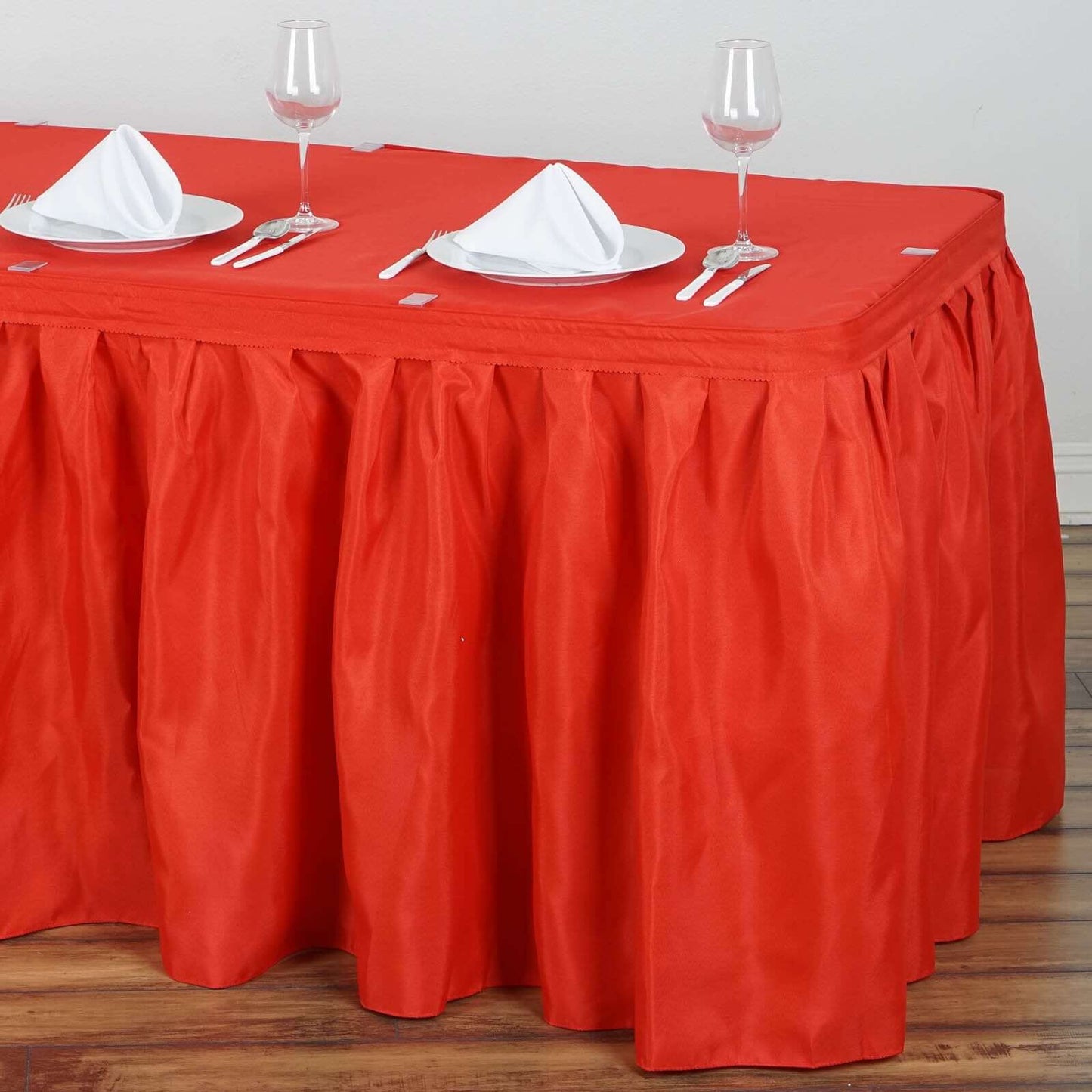 Polyester 17ft Table Skirt Red - Classic Pleated Design - Linen Luxes