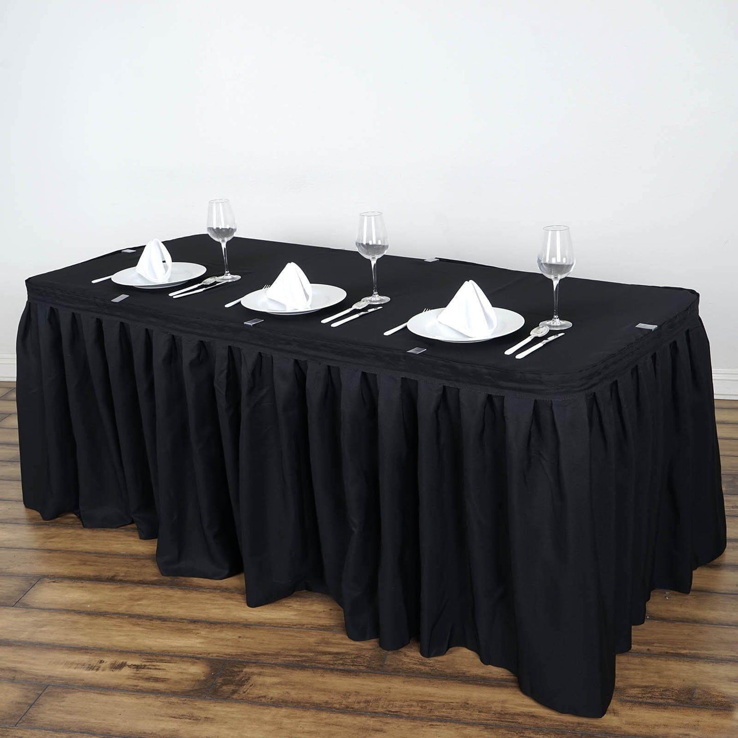 Polyester 21ft Table Skirt Black - Classic Pleated Design - Linen Luxes