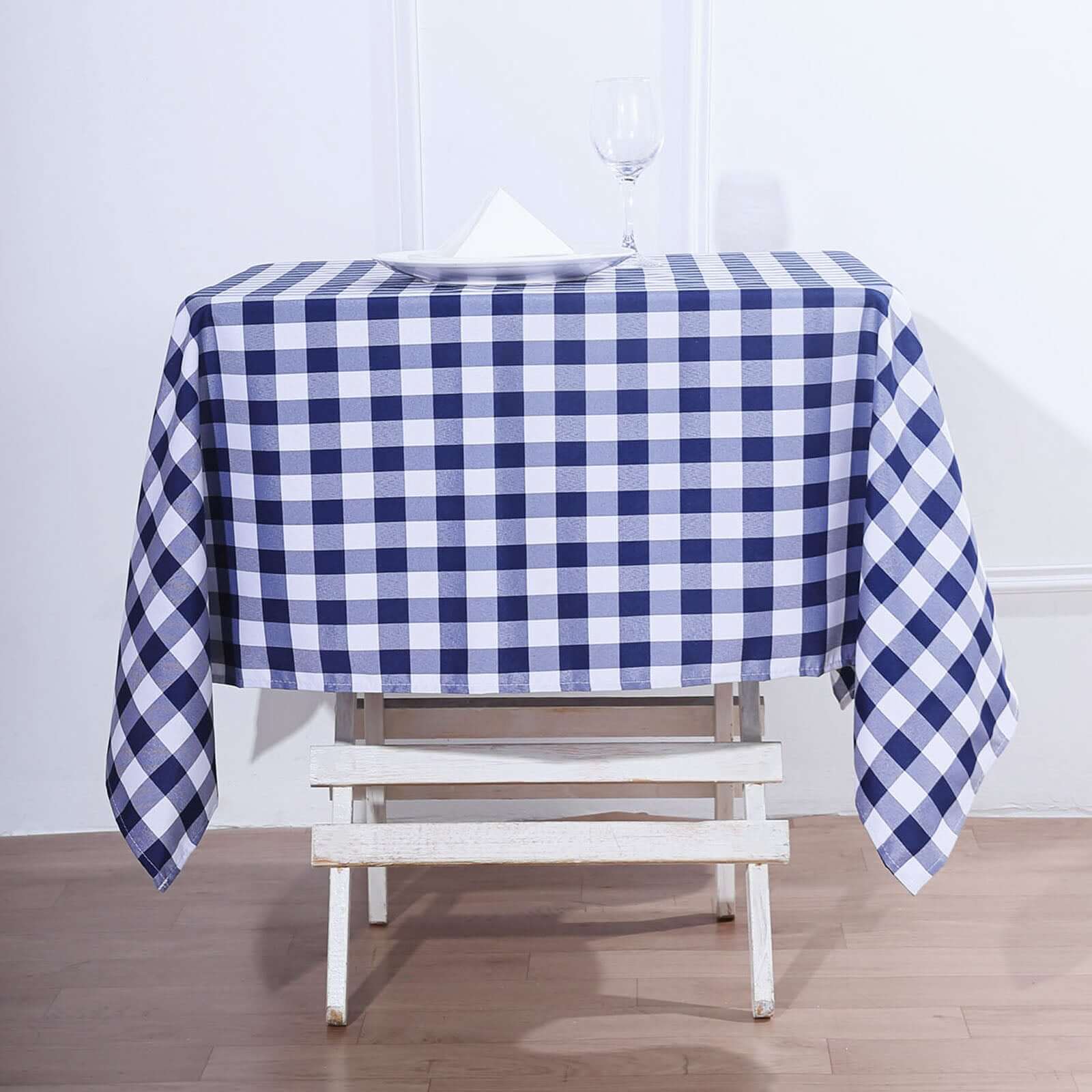 Polyester 54"x54" Square Tablecloth White/Navy Blue - Checkered Buffalo Plaid Design for Casual Table Settings - Linen Luxes