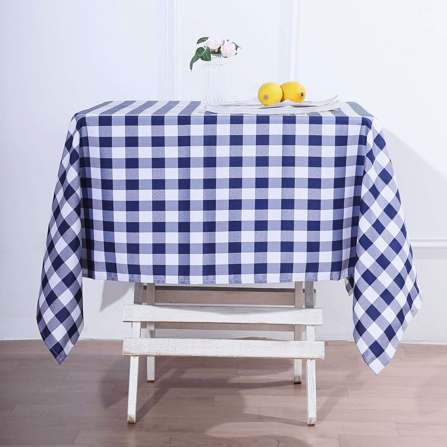 Polyester 54"x54" Square Tablecloth White/Navy Blue - Checkered Buffalo Plaid Design for Casual Table Settings - Linen Luxes