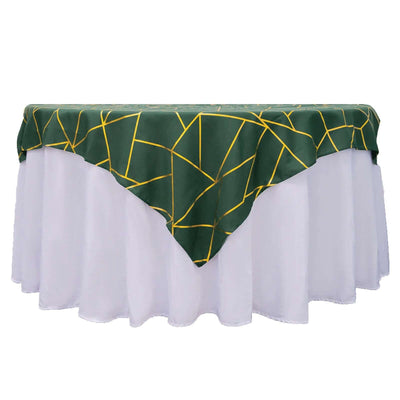 Polyester 54"x54" Table Overlay Square Tablecloth Hunter Emerald Green with Gold Foil Geometric Pattern - Wrinkle-Resistant & Durable Table Topper