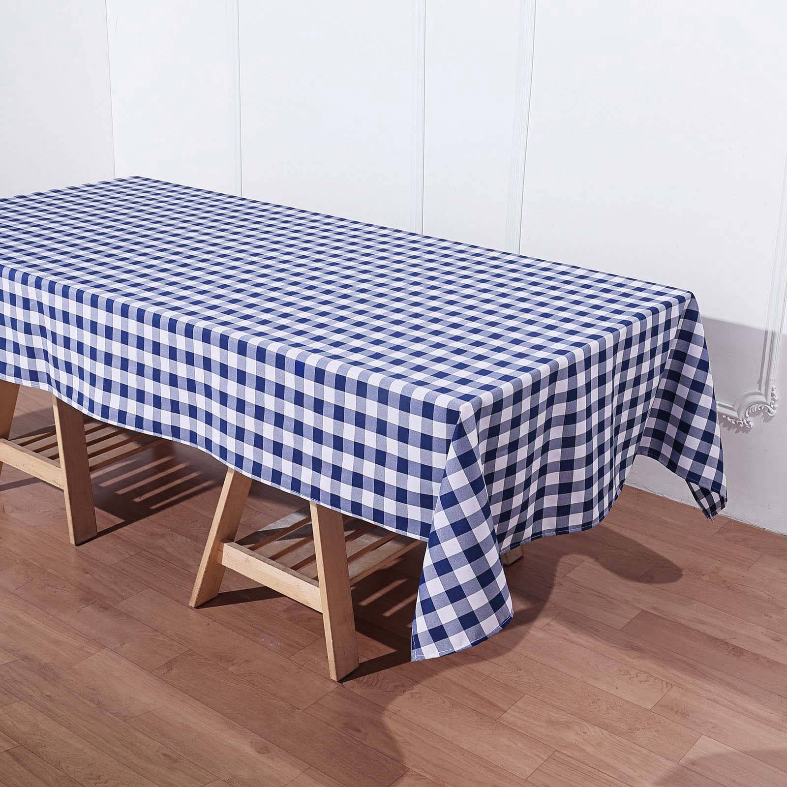 Polyester 60"x102" Rectangle Tablecloth White/Navy Blue - Checkered Buffalo Plaid Table Cover - Linen Luxes