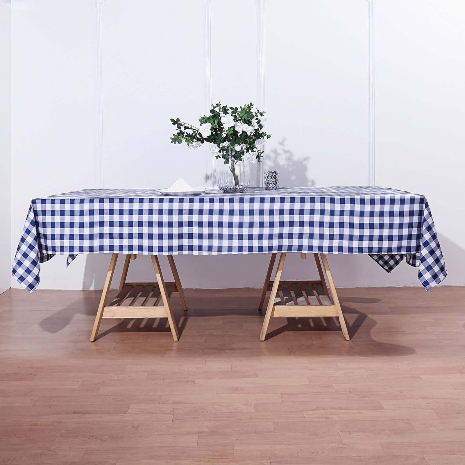Polyester 60"x102" Rectangle Tablecloth White/Navy Blue - Checkered Buffalo Plaid Table Cover - Linen Luxes