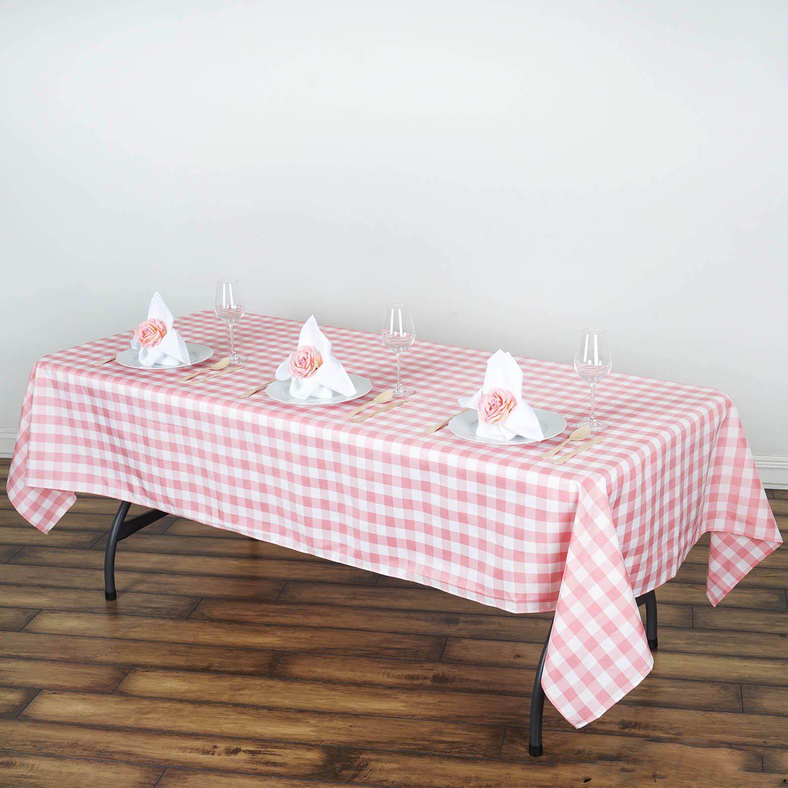 Polyester 60"x102" Rectangle Tablecloth White/Rose Quartz - Checkered Buffalo Plaid Table Cover - Linen Luxes