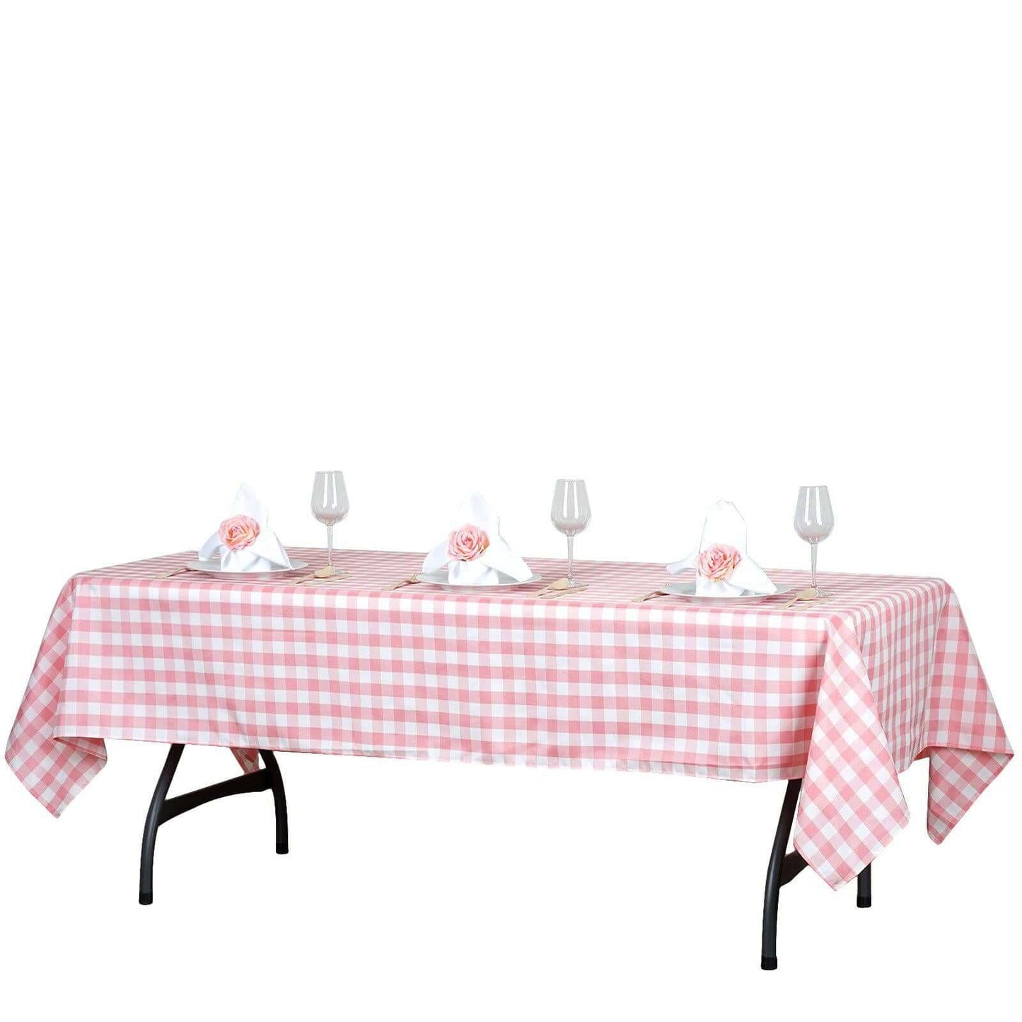 Polyester 60"x102" Rectangle Tablecloth White/Rose Quartz - Checkered Buffalo Plaid Table Cover - Linen Luxes