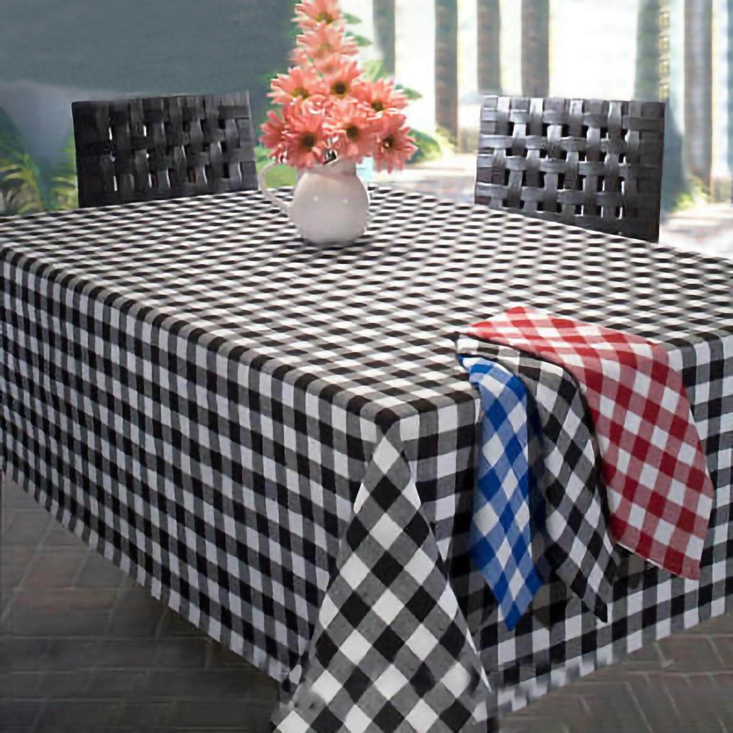 Polyester 60"x126" Rectangle Tablecloth White/Black - Stylish Checkered Buffalo Plaid Design for Farmhouse Themes - Linen Luxes
