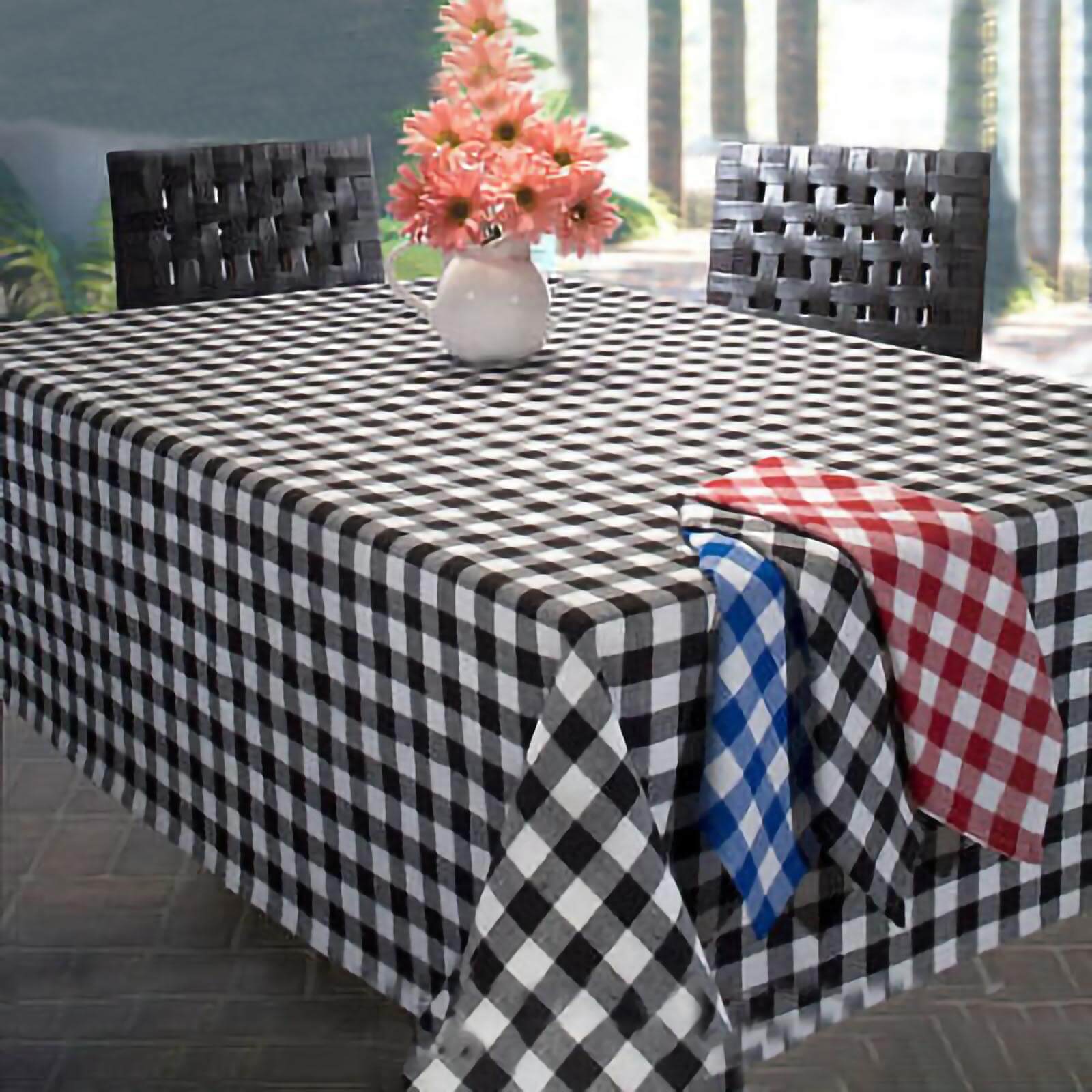 Polyester 60"x126" Rectangle Tablecloth White/Black - Stylish Checkered Buffalo Plaid Design for Farmhouse Themes - Linen Luxes