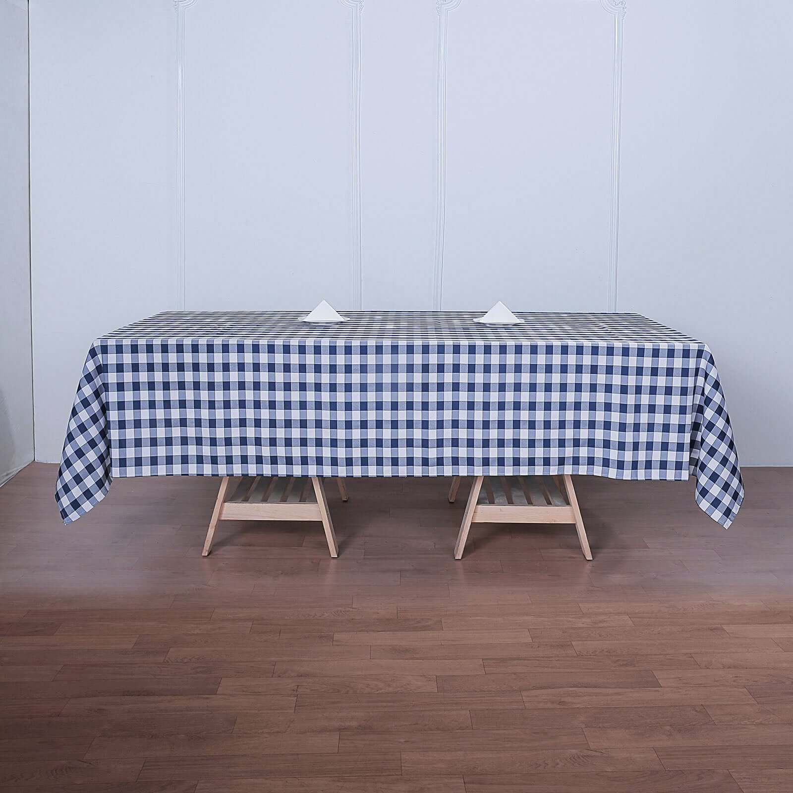 Polyester 60"x126" Rectangle Tablecloth White/Navy Blue - Buffalo Plaid Checkered Table Cover - Linen Luxes