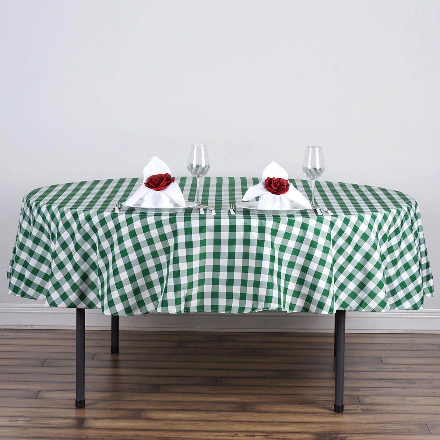 Polyester 70" Round Tablecloth White/Green - Checkered Buffalo Plaid Table Cover - Linen Luxes