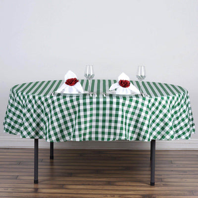 Polyester 70" Round Tablecloth White/Green - Checkered Buffalo Plaid Table Cover - Linen Luxes