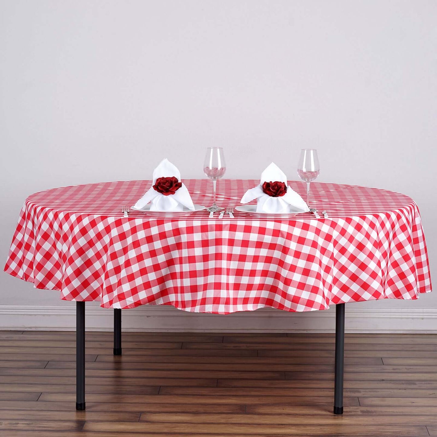 Polyester 70" Round Tablecloth White/Red - Checkered Buffalo Plaid Table Cover - Linen Luxes