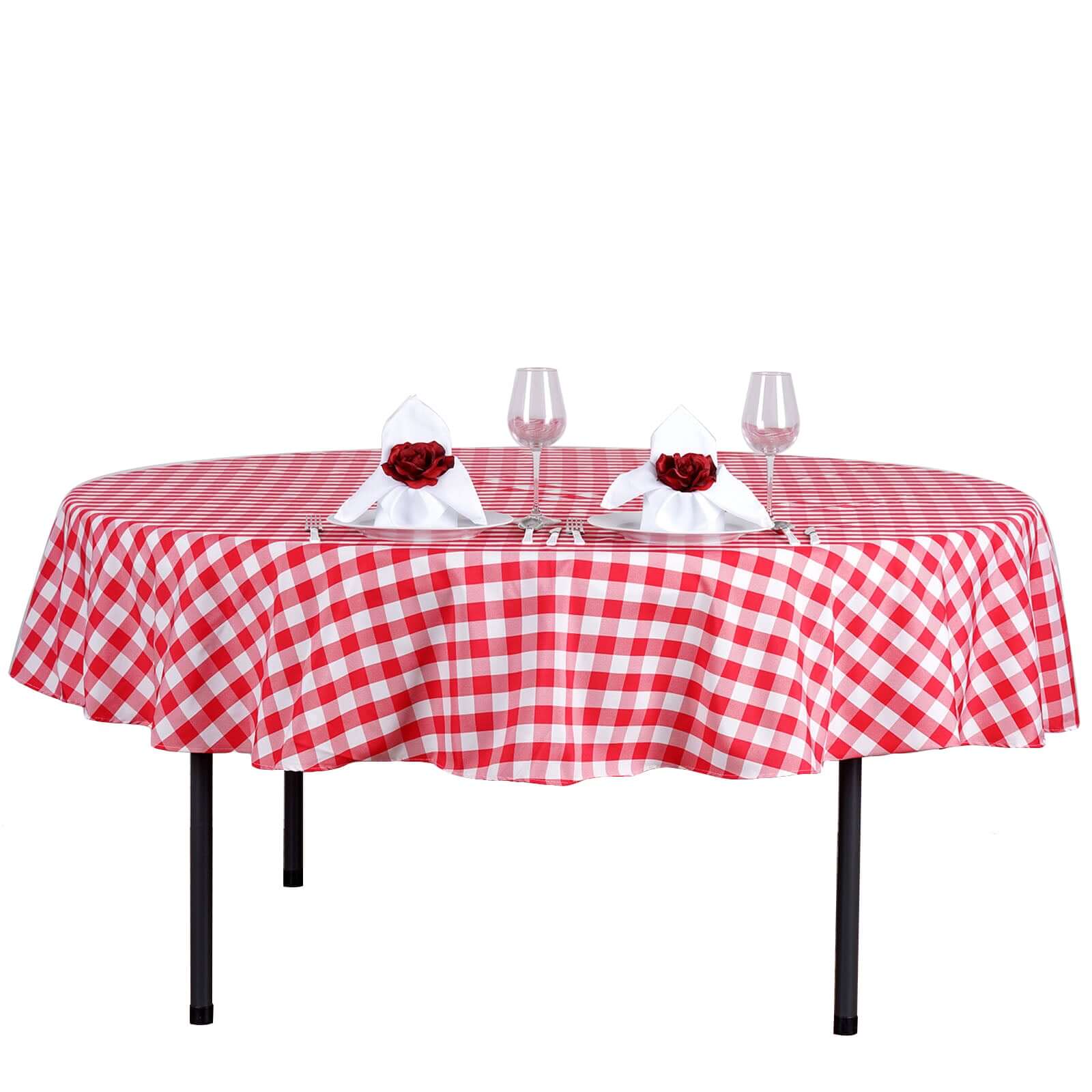 Polyester 70" Round Tablecloth White/Red - Checkered Buffalo Plaid Table Cover - Linen Luxes
