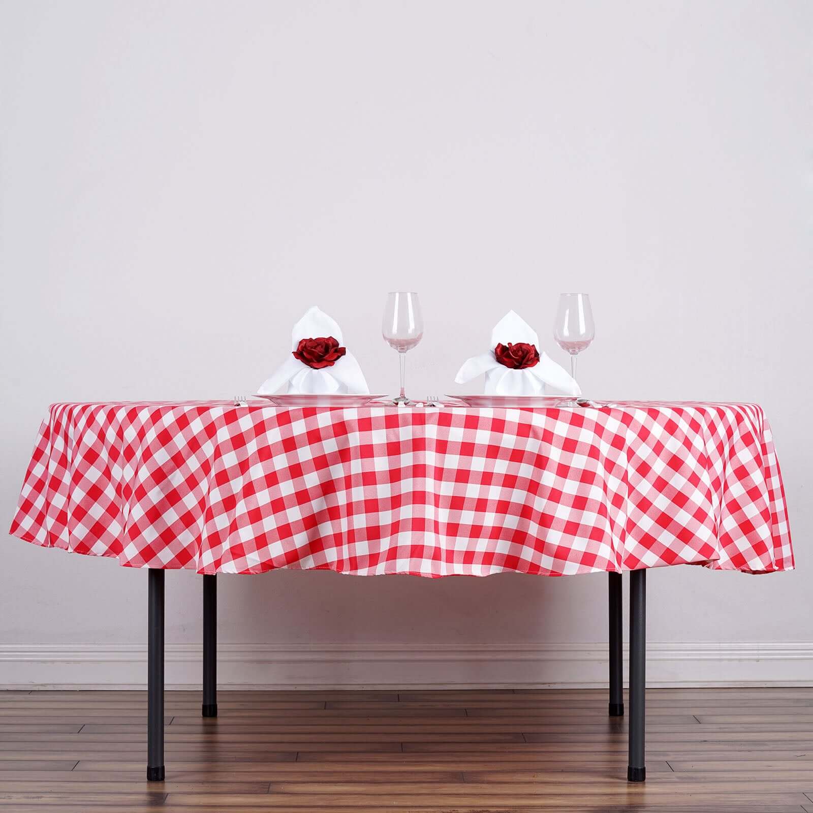 Polyester 70" Round Tablecloth White/Red - Checkered Buffalo Plaid Table Cover - Linen Luxes