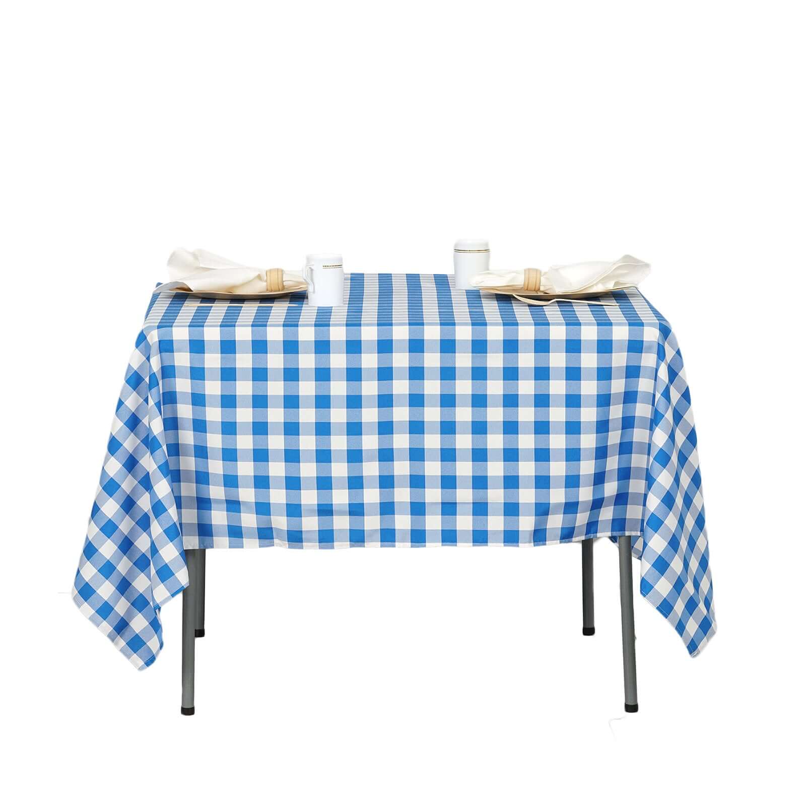 Polyester 70"x70" Square Tablecloth White/Blue - Checkered Buffalo Plaid Table Cover - Linen Luxes