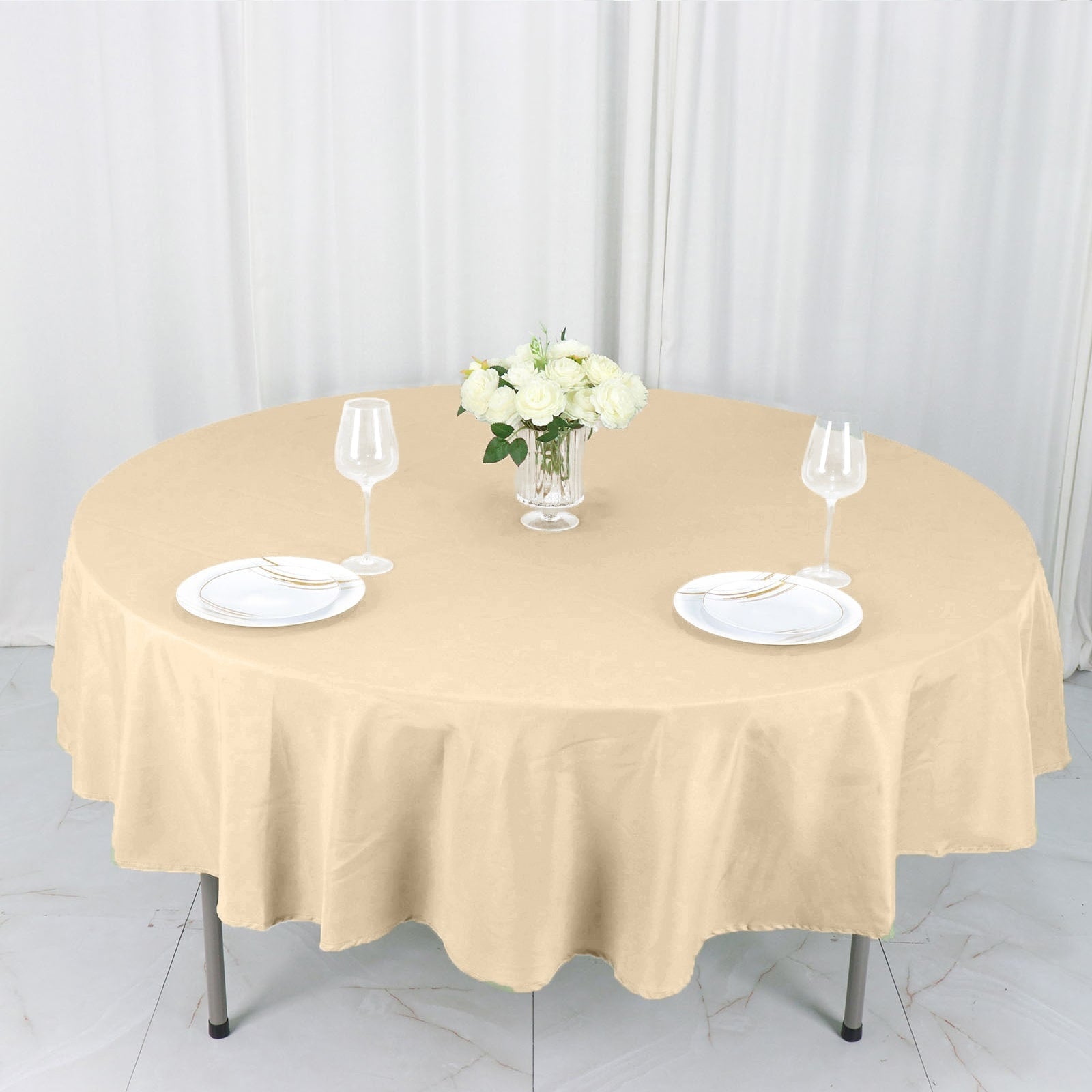Polyester 90" Round Tablecloth Beige - Stain & Wrinkle - Resistant Table Cover - Linen Luxes