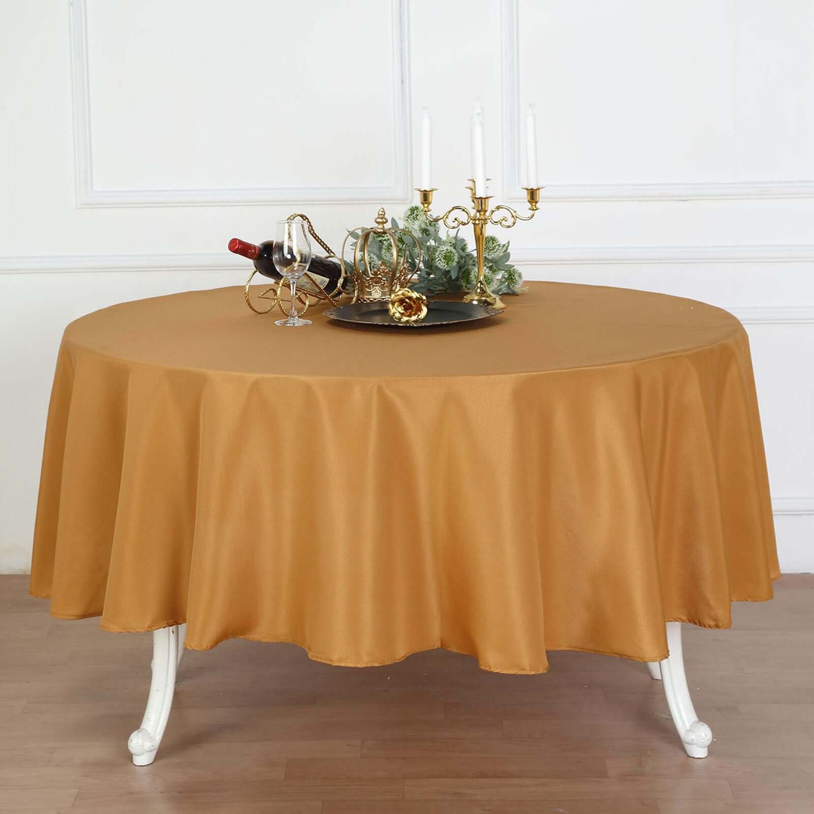 Polyester 90" Round Tablecloth Gold - Stain and Wrinkle - Resistant Table Cover for Party & Gatherings - Linen Luxes