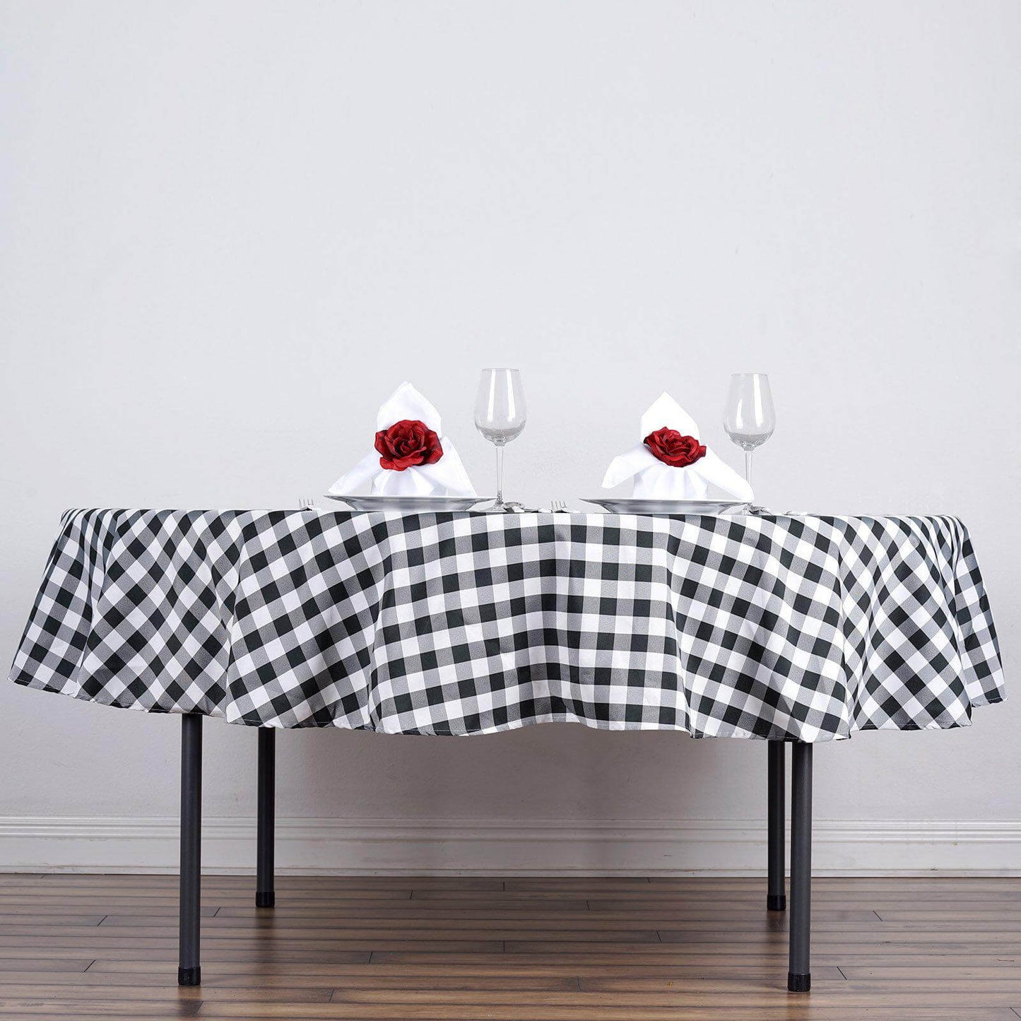 Polyester 90" Round Tablecloth White/Black - Checkered Buffalo Plaid Design for Casual Occasions - Linen Luxes