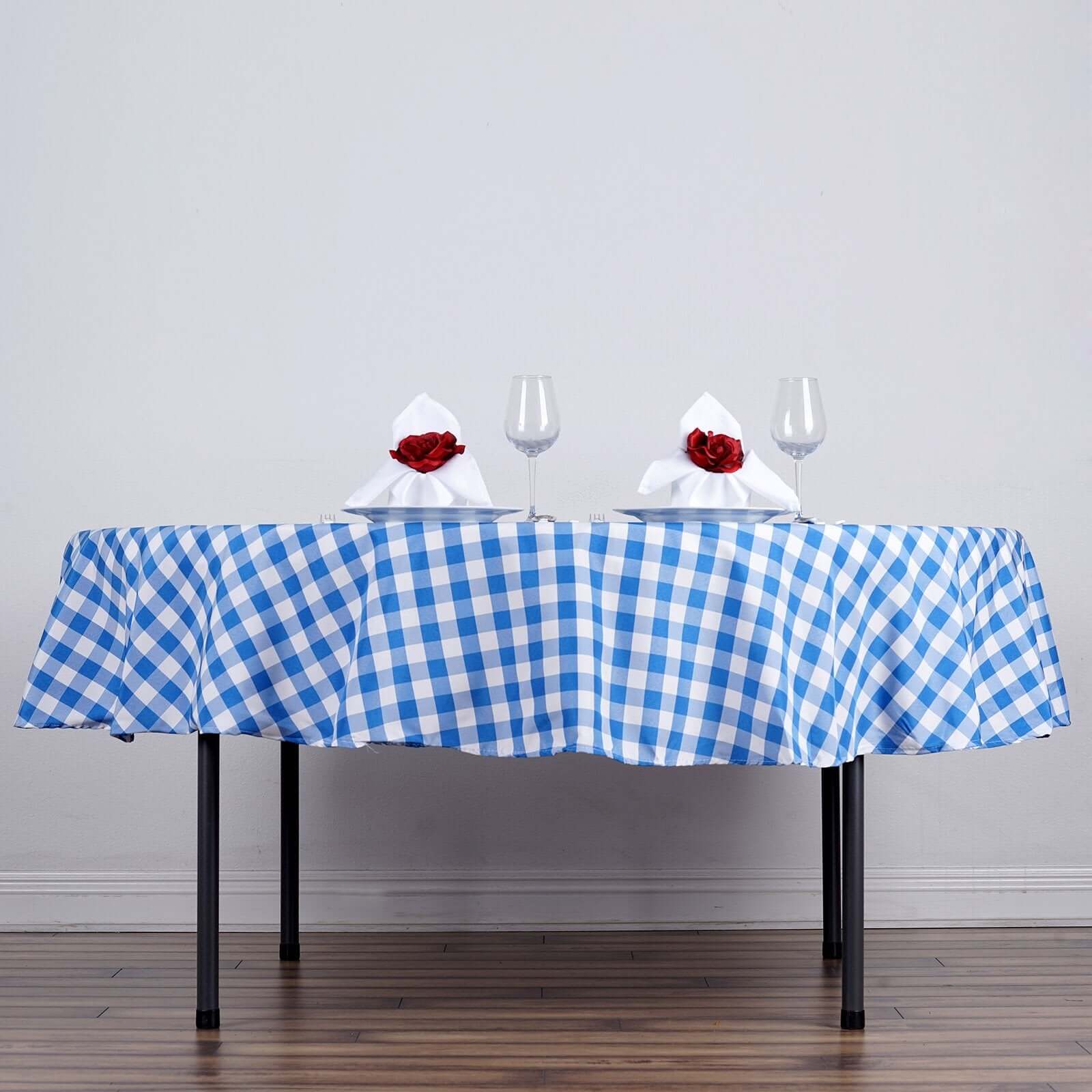 Polyester 90" Round Tablecloth White/Blue - Checkered Buffalo Plaid Table Cover - Linen Luxes
