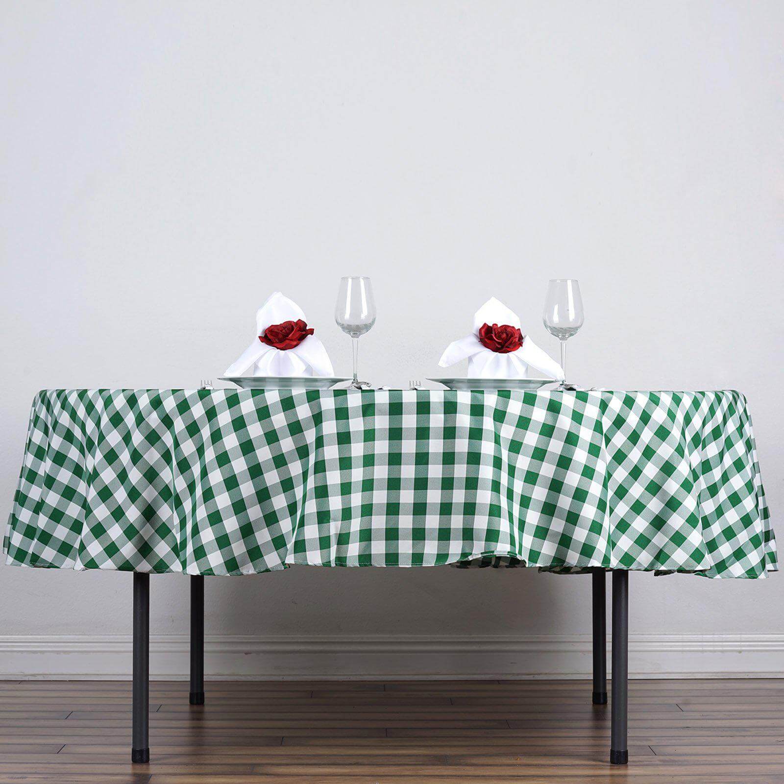 Polyester 90" Round Tablecloth White/Green - Checkered Buffalo Plaid Table Cover - Linen Luxes
