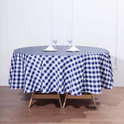 Polyester 90" Round Tablecloth White/Navy Blue - Checkered Buffalo Plaid Table Cover - Linen Luxes