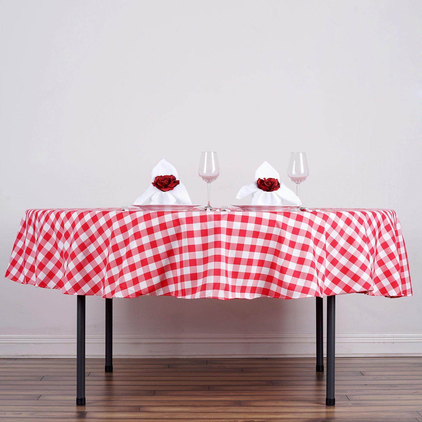 Polyester 90" Round Tablecloth White/Red - Checkered Buffalo Plaid Table Cover - Linen Luxes