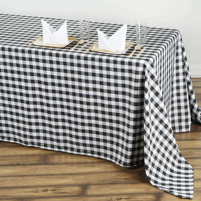 Polyester 90"x132" Rectangle Tablecloth White/Black - Seamless Checkered Buffalo Plaid Design for Farmhouse Celebrations - Linen Luxes