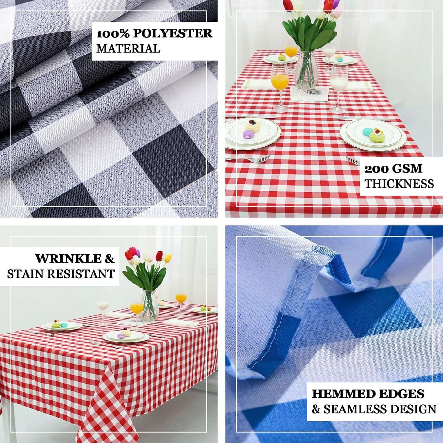 Polyester 90"x132" Rectangle Tablecloth White/Blue - Seamless Checkered Buffalo Plaid Table Cover - Linen Luxes
