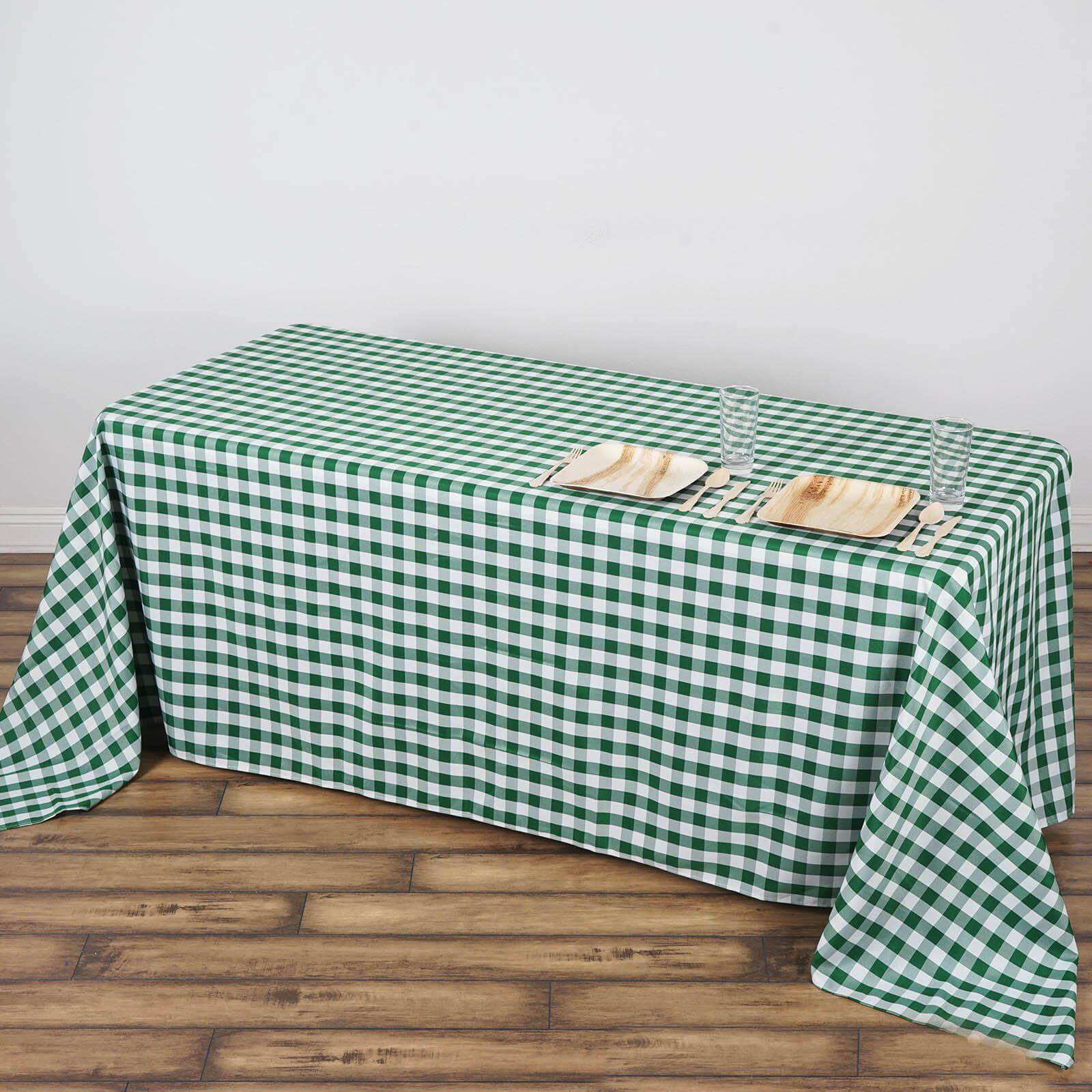 Polyester 90"x132" Rectangle Tablecloth White/Green - Seamless Checkered Buffalo Plaid Table Cover - Linen Luxes