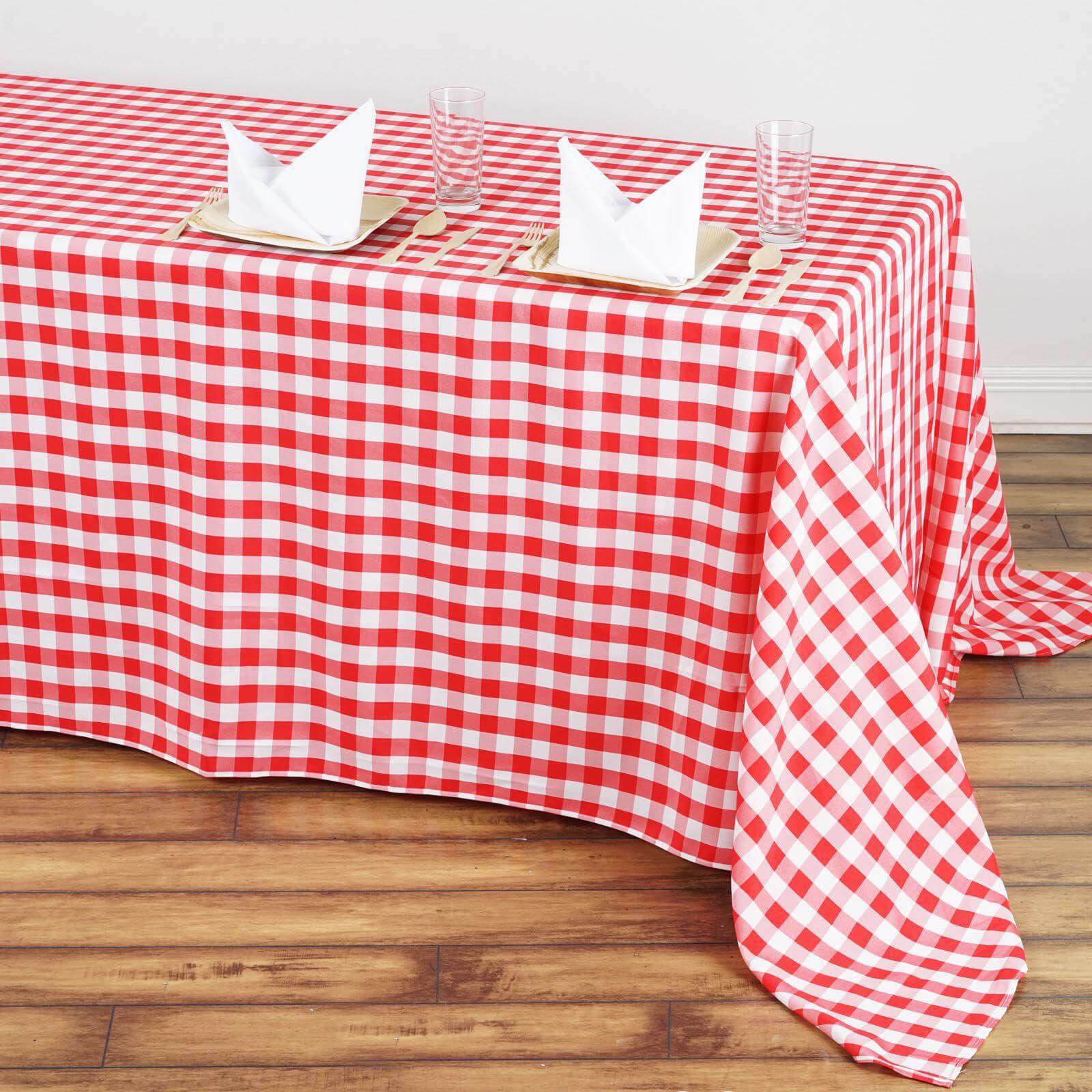 Polyester 90"x132" Rectangle Tablecloth White/Red - Seamless Checkered Buffalo Plaid Table Cover - Linen Luxes