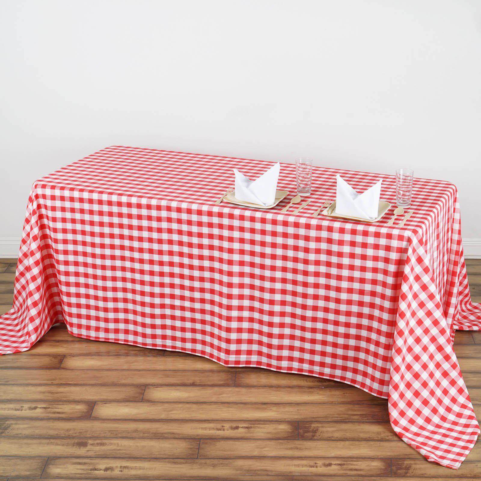 Polyester 90"x132" Rectangle Tablecloth White/Red - Seamless Checkered Buffalo Plaid Table Cover - Linen Luxes