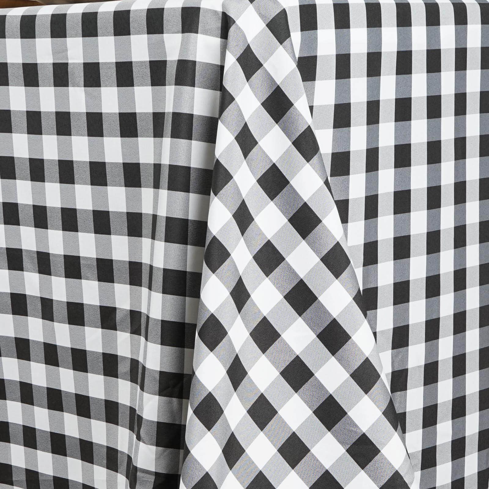 Polyester 90"x156" Rectangle Tablecloth White/Black - Seamless Checkered Buffalo Plaid Design for Rustic Occasions - Linen Luxes