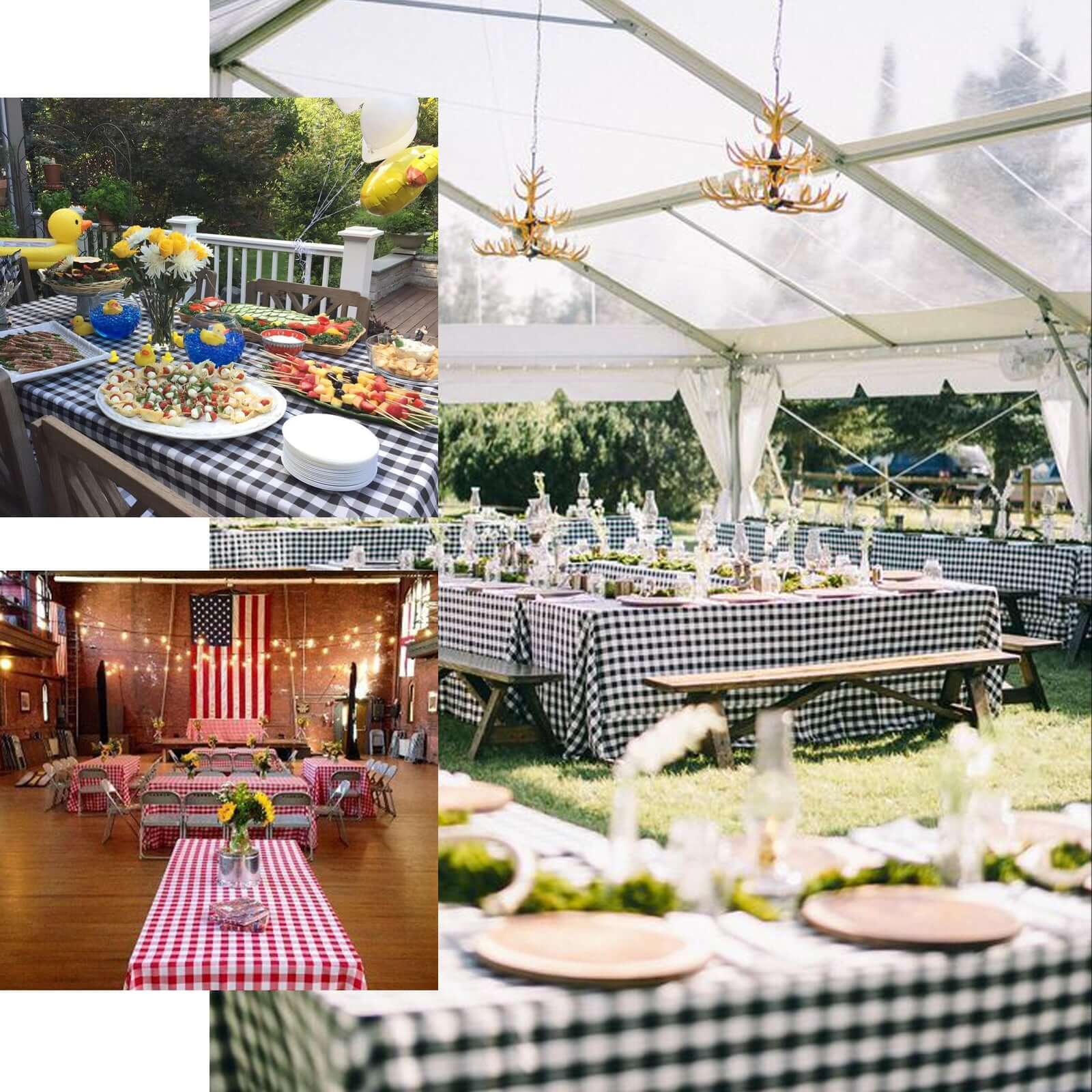 Polyester 90"x156" Rectangle Tablecloth White/Black - Seamless Checkered Buffalo Plaid Design for Rustic Occasions - Linen Luxes