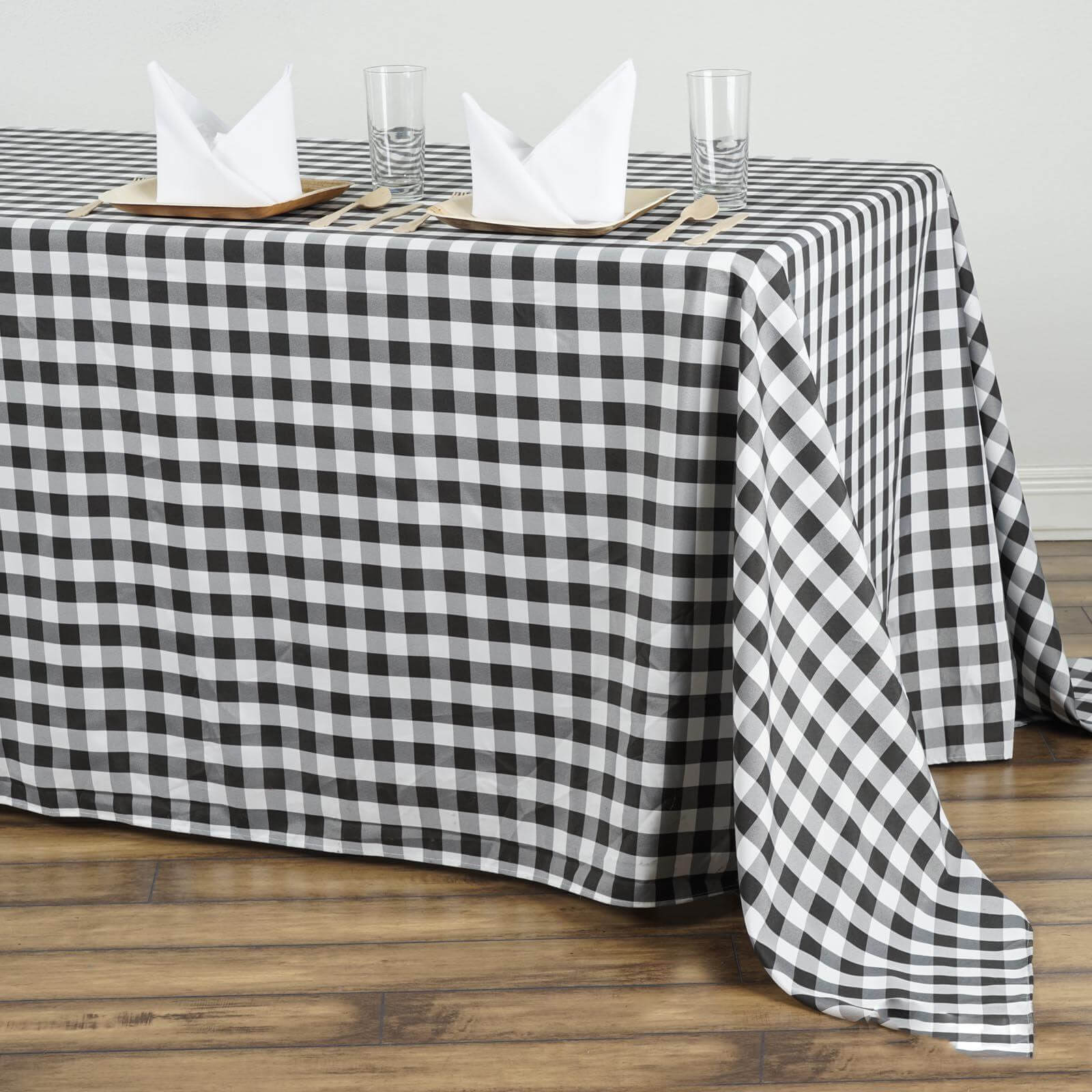 Polyester 90"x156" Rectangle Tablecloth White/Black - Seamless Checkered Buffalo Plaid Design for Rustic Occasions - Linen Luxes