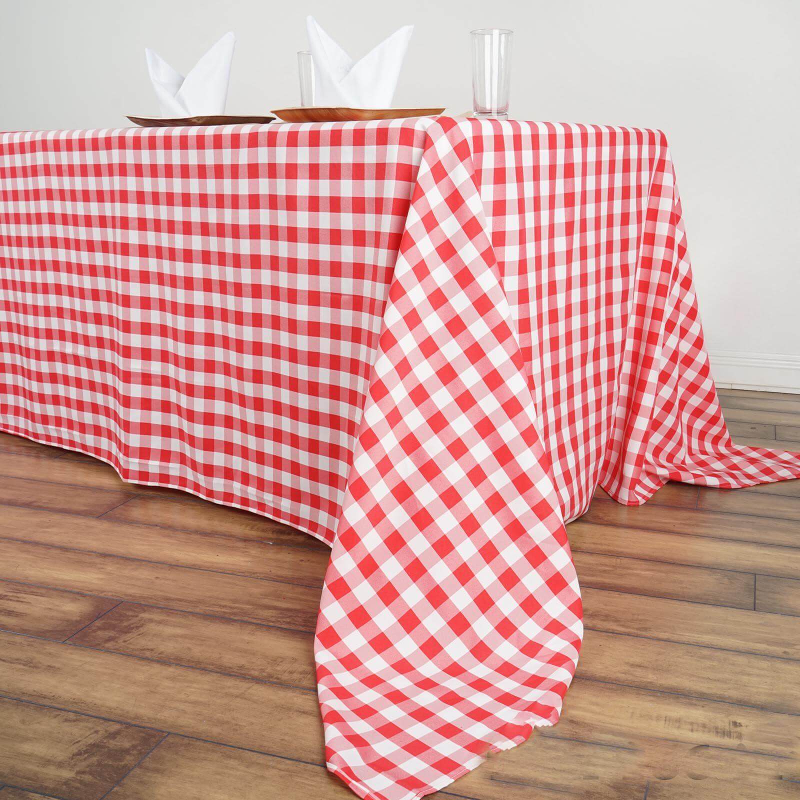 Polyester 90"x156" Rectangle Tablecloth White/Red - Seamless Checkered Buffalo Plaid Table Cover - Linen Luxes
