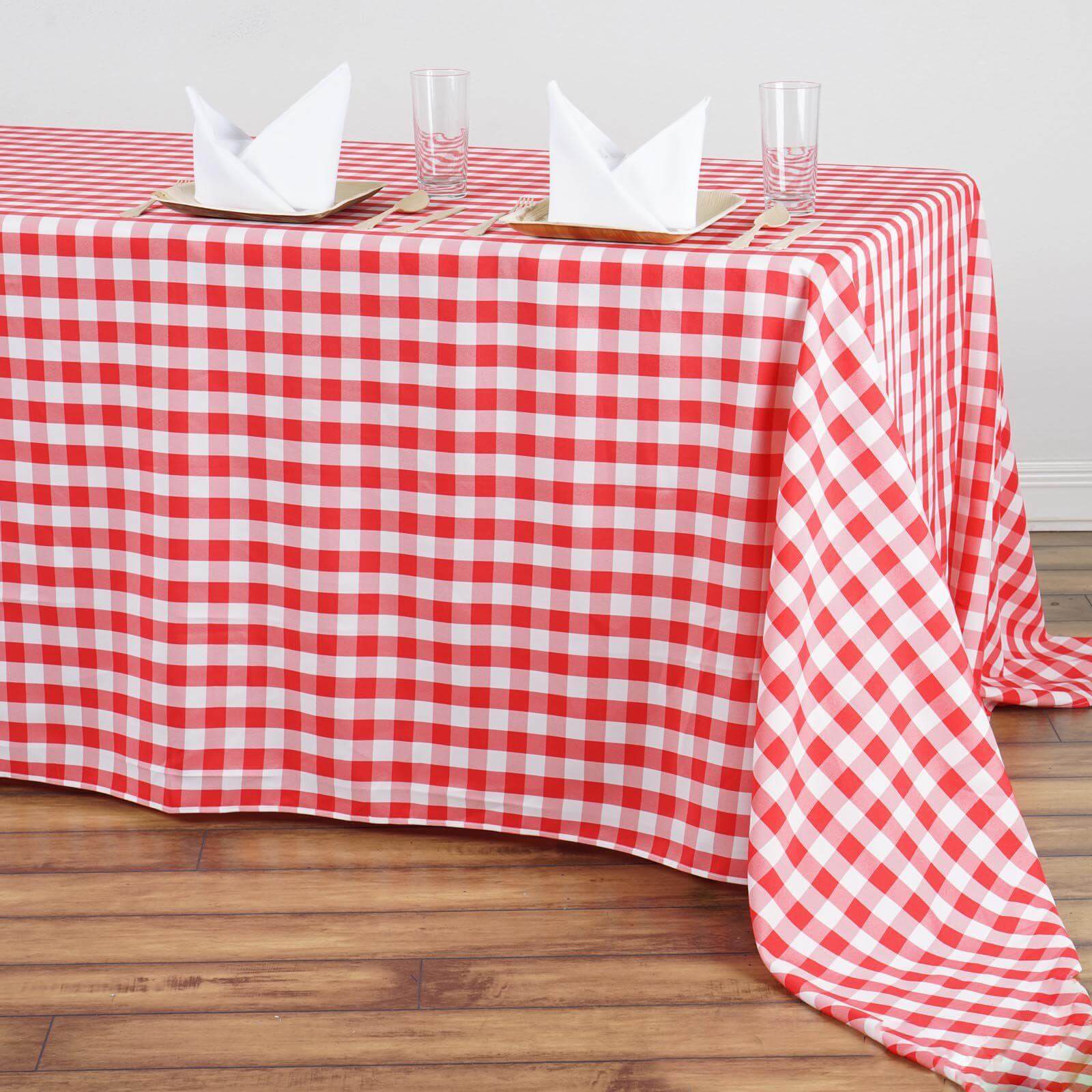 Polyester 90"x156" Rectangle Tablecloth White/Red - Seamless Checkered Buffalo Plaid Table Cover - Linen Luxes
