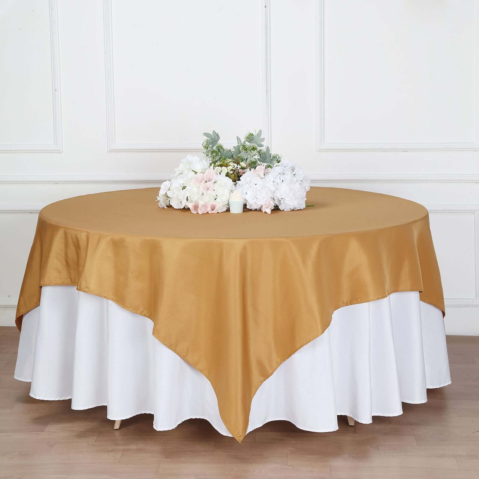 Polyester 90"x90" Table Overlay Square Tablecloth Gold - Wrinkle - Resistant & Durable Table Cover for Events - Linen Luxes
